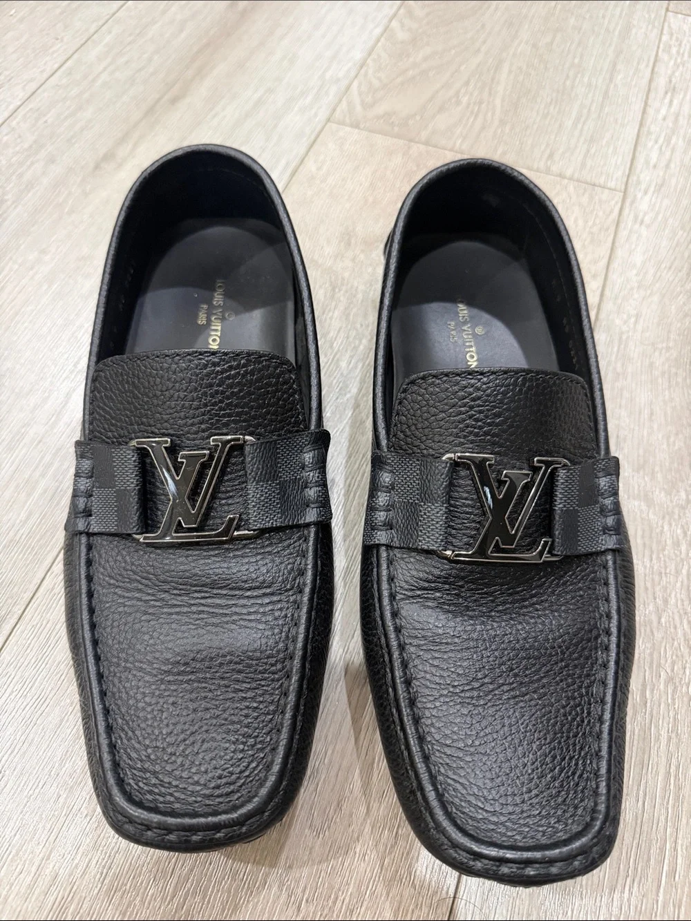 Louis Vuitton Black Pebbled Leather LV Buckle Slip-On Loafers